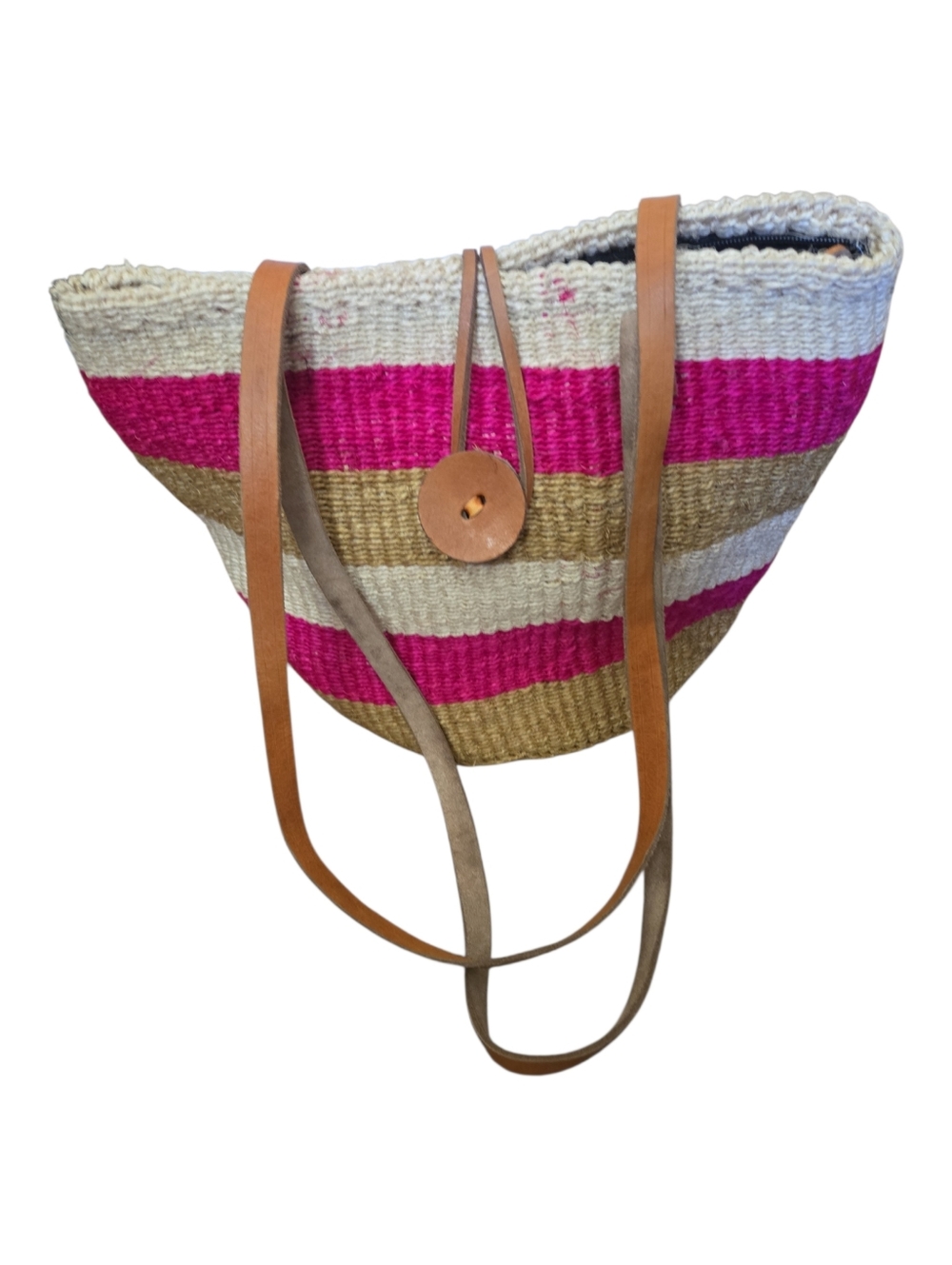 Boho Straw Tote Bag Pink Tan Cream Striped Beach Market Shoulder Purse